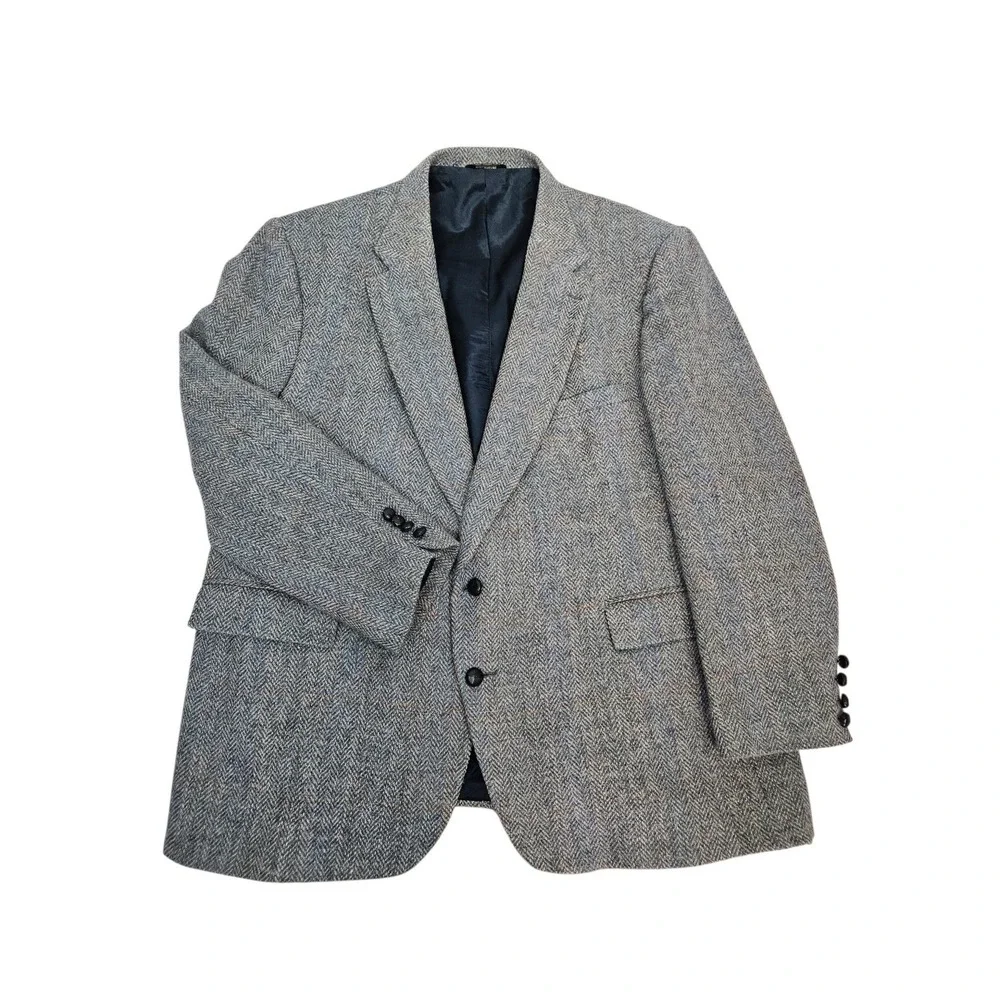 Oakton Ltd Mens Grey Herringbone Wool 52B Blazer Sport Coat Vintage 100% Wool